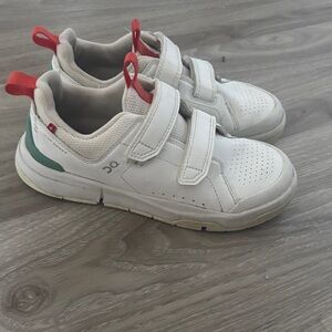 On Running Kids White Sneakers with Orange Pull Tabs